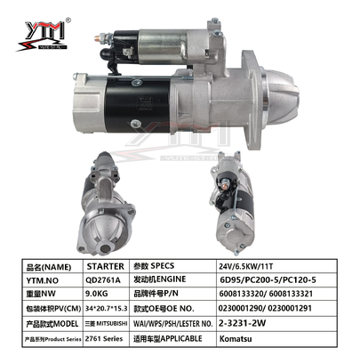 Motor de arranque de 24V y 11T de 6.5KW QD2761A para motor Komatsu PC200-5 PC120-5 6D95 OE 0230001290 6008133320 2-3231-2W