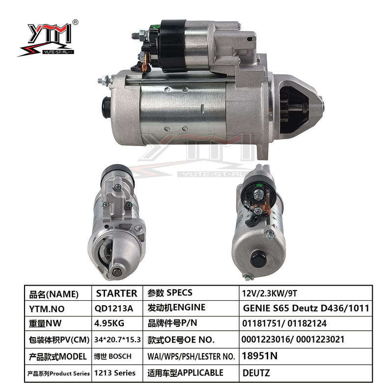Motor de arranque YTM QD1213A 12V 2.3KW 9T para motor Deutz D436 1011 Genie S65 0001223016 0001223021 Deutz 01181751 01182124 Motor de arranque de repuesto