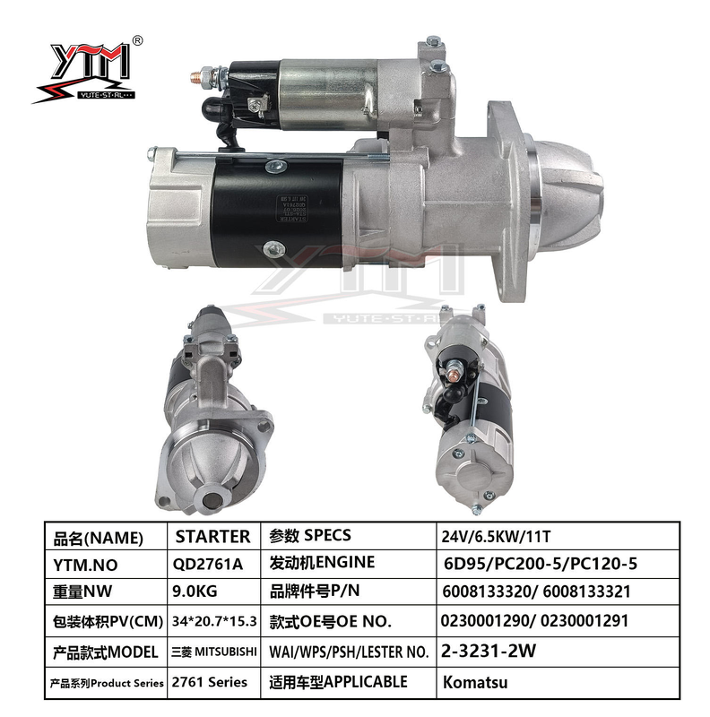 Motor de arranque de 24V y 11T de 6.5KW QD2761A para motor Komatsu PC200-5 PC120-5 6D95 OE 0230001290 6008133320 2-3231-2W