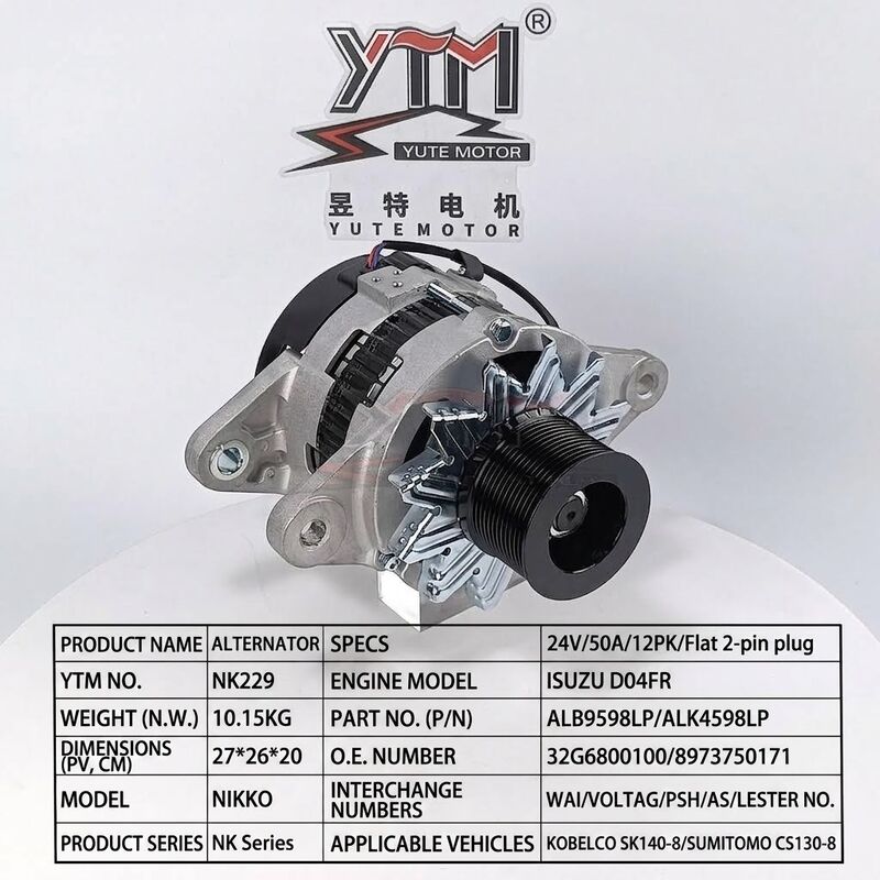 Alternador 24V 50A 12PK NK229 para motor Isuzu D04FR SK140-8 CS130-8 32G6800100 8973750171